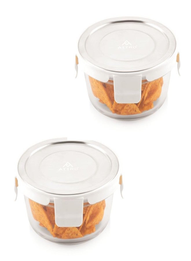 ATTRO Glassox Borosilicate Round Glass Lunch Box with Stainless Steel Lid Food Storage Container Microwave & Freezer Safe BPA-Free Food-Grade SO2 400ml - Image 1